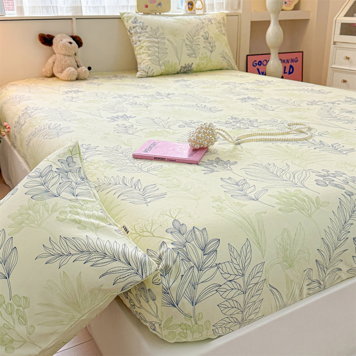 91家纺网 家纺一手货源 找家纺 名兮家居 2026春夏新款A类全棉纯棉老粗布床笠 床笠单件 繁花-绿