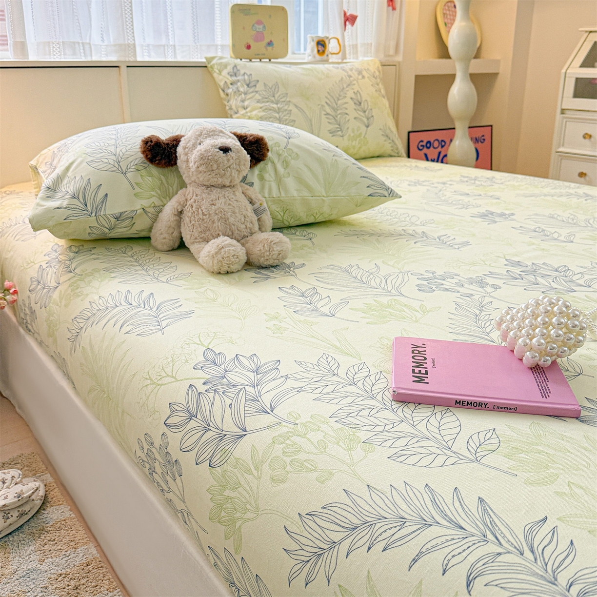 91家纺网 家纺一手货源 找家纺 名兮家居 2026春夏新款A类全棉纯棉老粗布床笠 床笠单件 繁花-绿