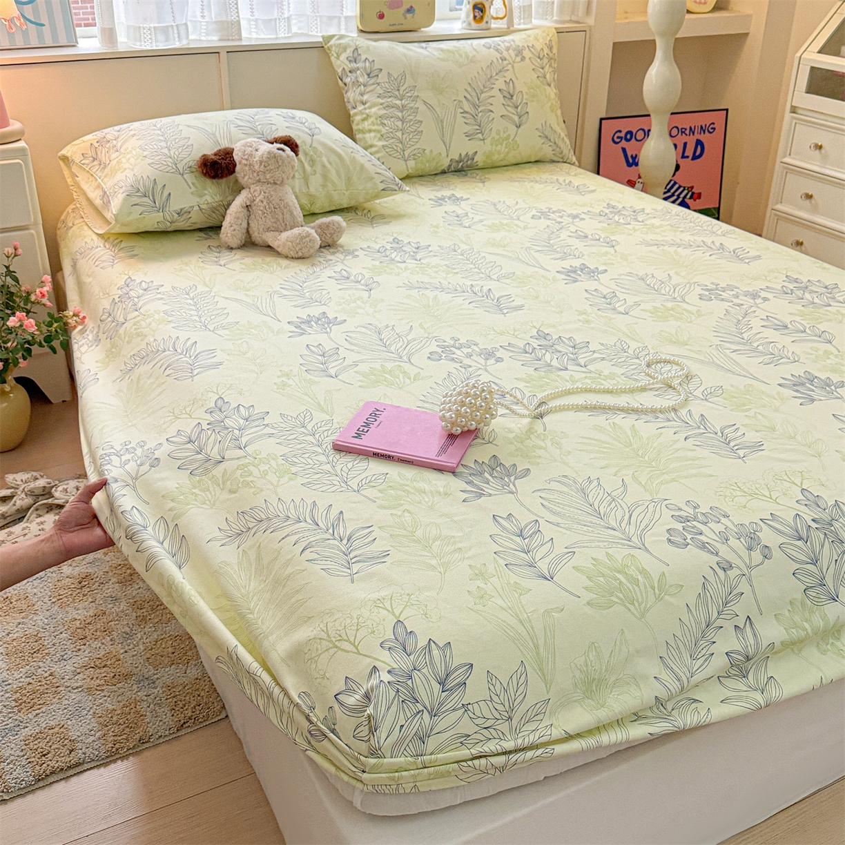 91家纺网 家纺一手货源 找家纺 名兮家居 2026春夏新款A类全棉纯棉老粗布床笠 床笠单件 繁花-绿