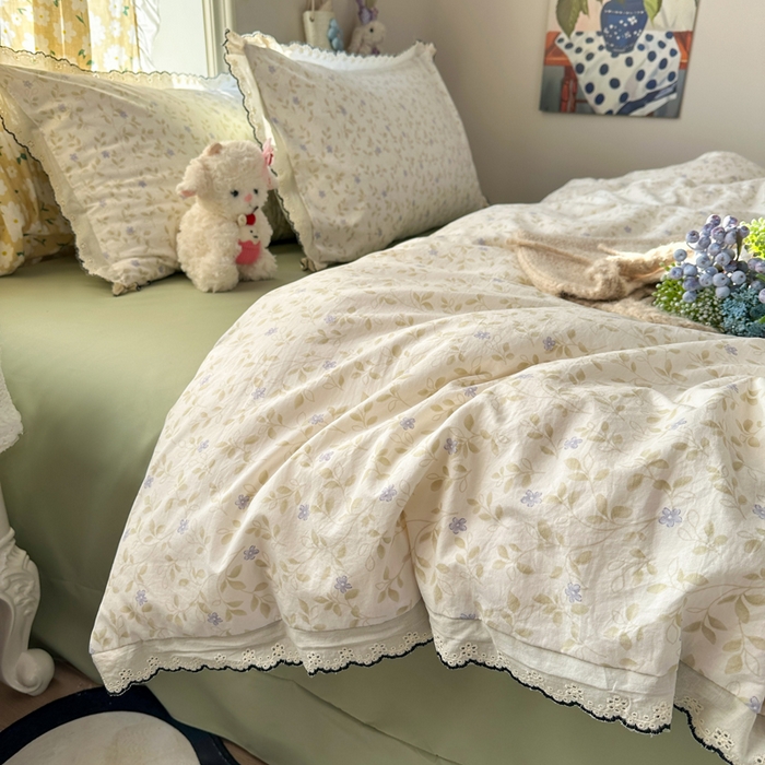 91家纺网 家纺一手货源 找家纺 梦忧草 2026新款春夏新款法式花边小清新四件套仿棉云感纱三件套单被套单件 春日絮语