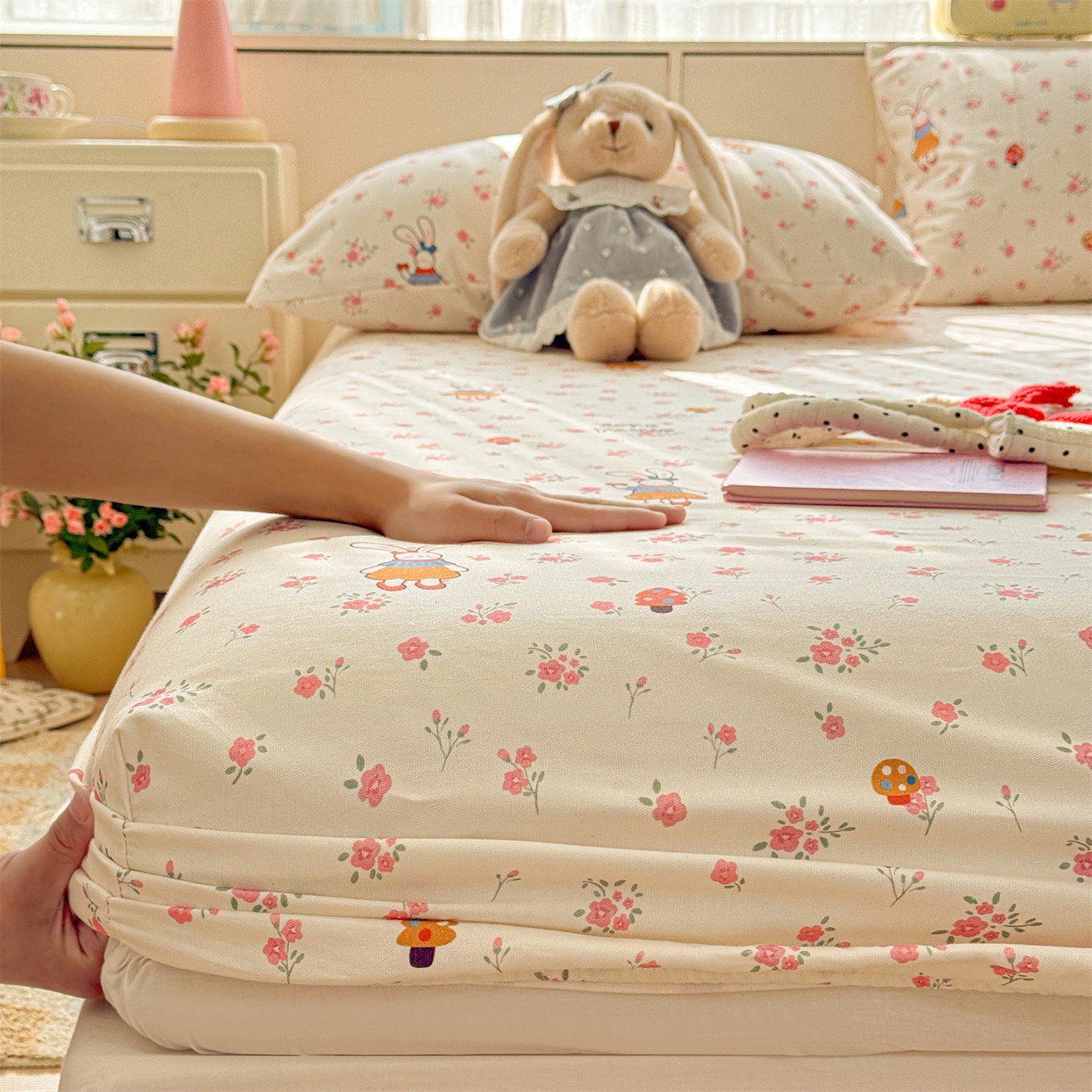 名兮家居 2026春夏新款A类全棉纯棉老粗布床笠 床笠单件 花漾小兔