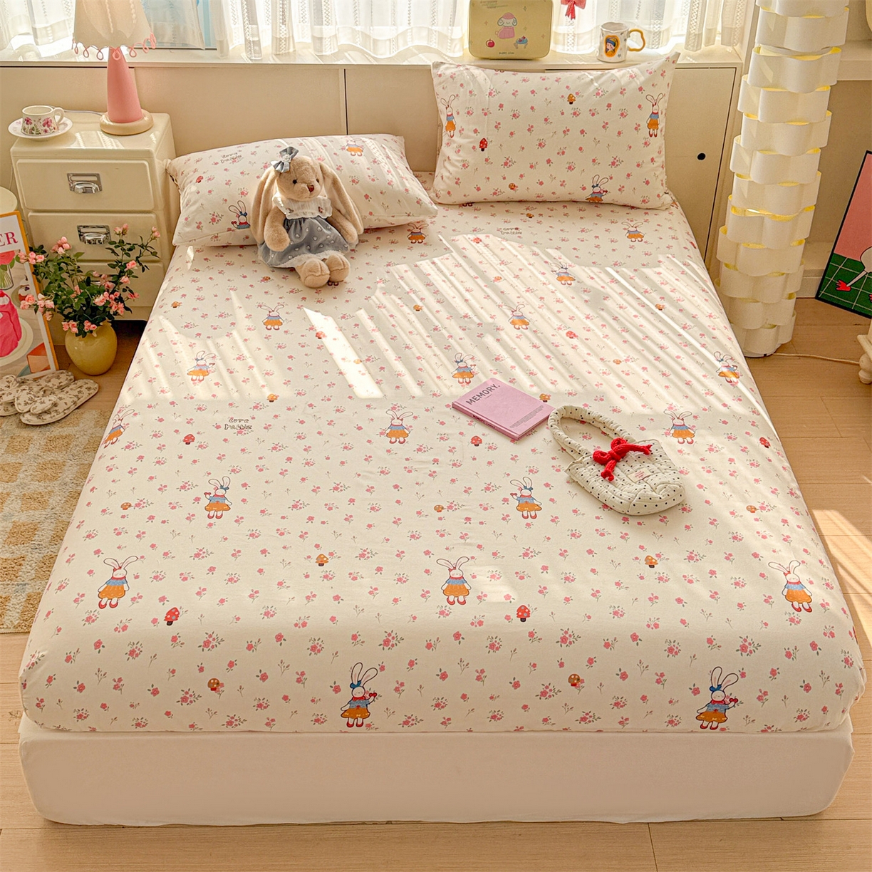 91家纺网 家纺一手货源 找家纺 名兮家居 2026春夏新款A类全棉纯棉老粗布床笠 床笠单件 花漾小兔