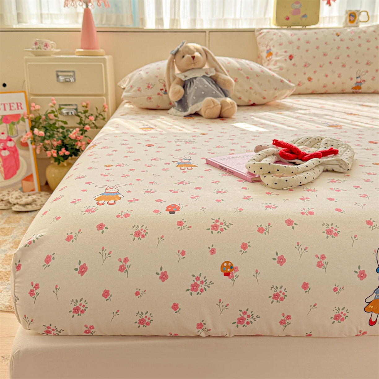 91家纺网 家纺一手货源 找家纺 名兮家居 2026春夏新款A类全棉纯棉老粗布床笠 床笠单件 花漾小兔