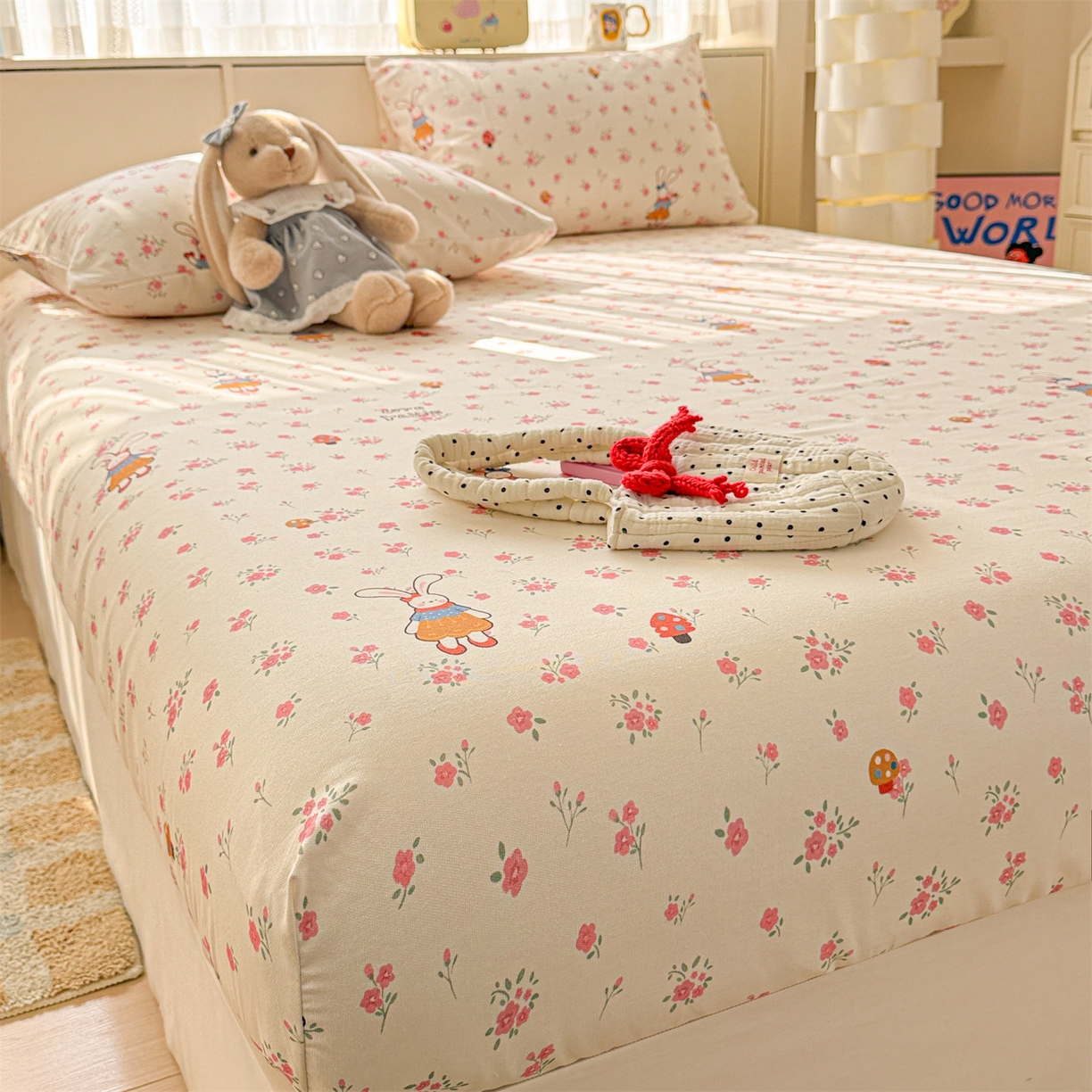 91家纺网 家纺一手货源 找家纺 名兮家居 2026春夏新款A类全棉纯棉老粗布床笠 床笠单件 花漾小兔