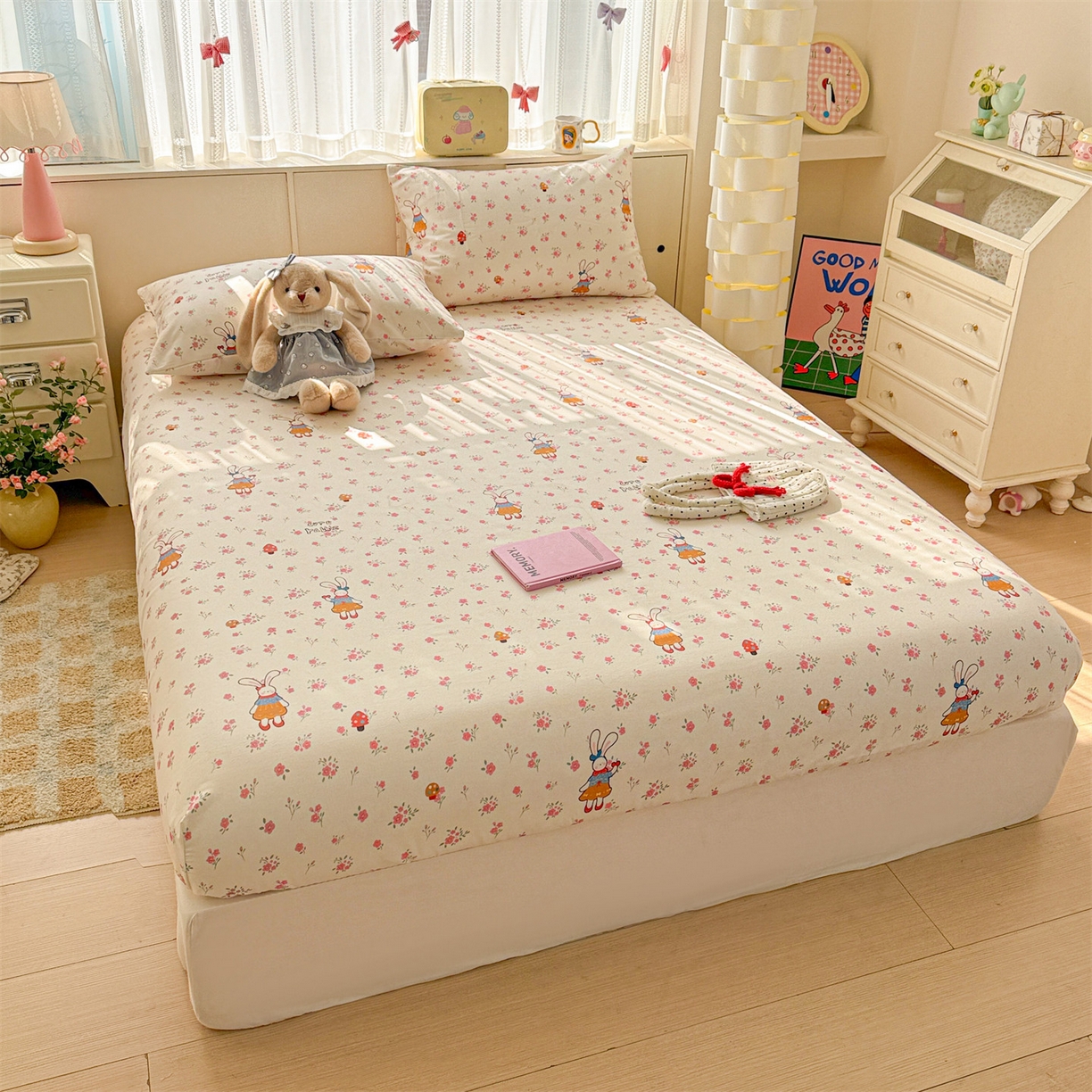 91家纺网 家纺一手货源 找家纺 名兮家居 2026春夏新款A类全棉纯棉老粗布床笠 床笠单件 花漾小兔