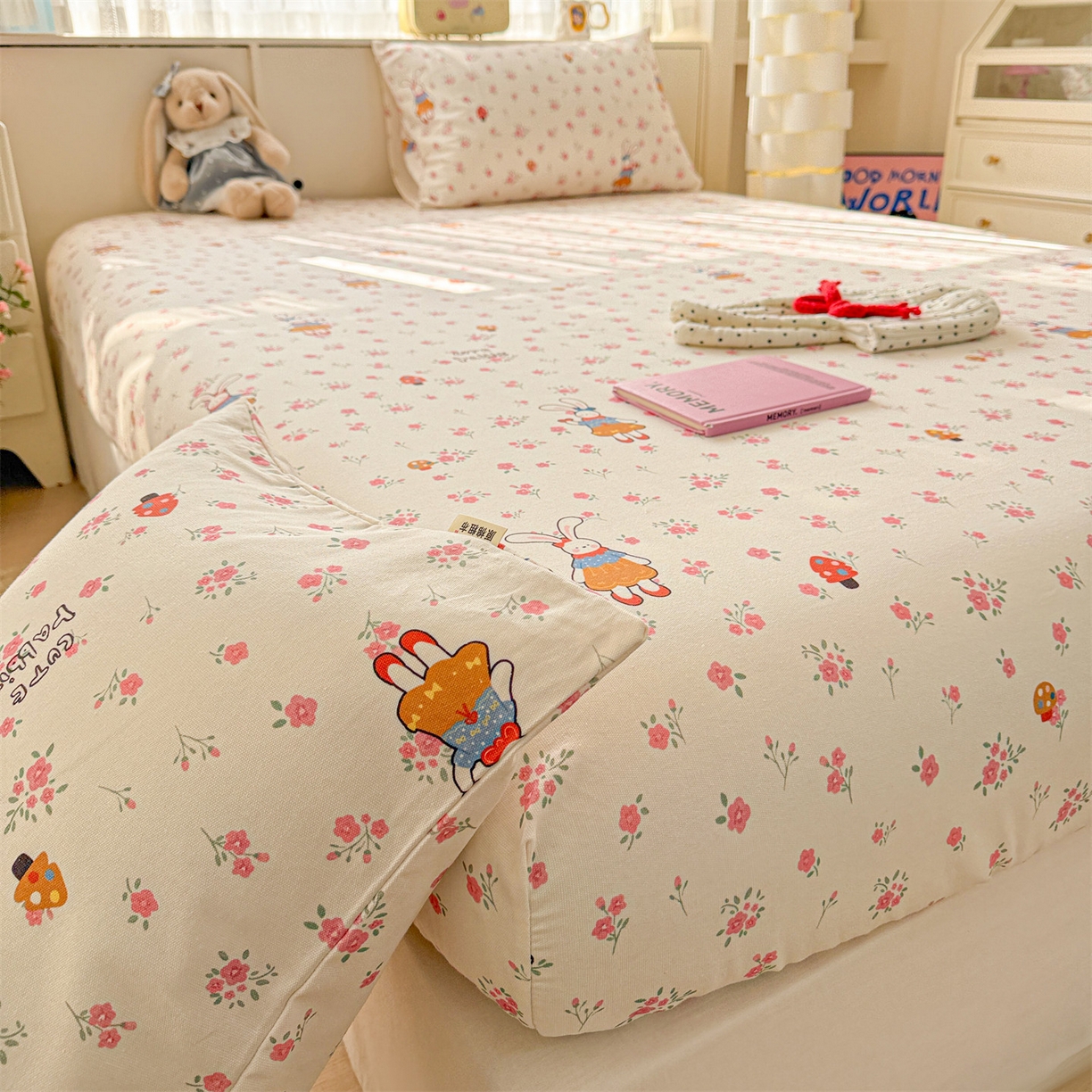 91家纺网 家纺一手货源 找家纺 名兮家居 2026春夏新款A类全棉纯棉老粗布床笠 床笠单件 花漾小兔