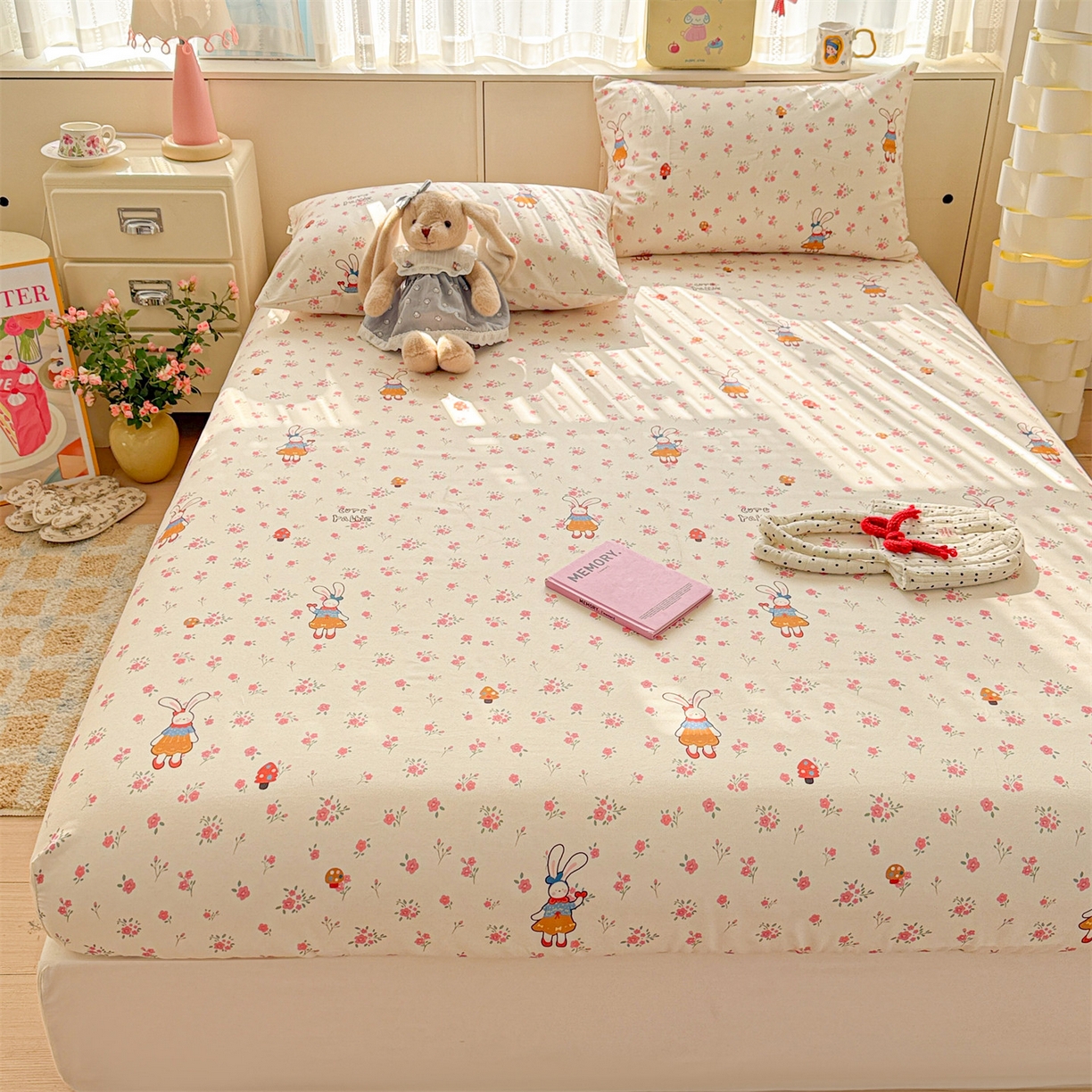 91家纺网 家纺一手货源 找家纺 名兮家居 2026春夏新款A类全棉纯棉老粗布床笠 床笠单件 花漾小兔