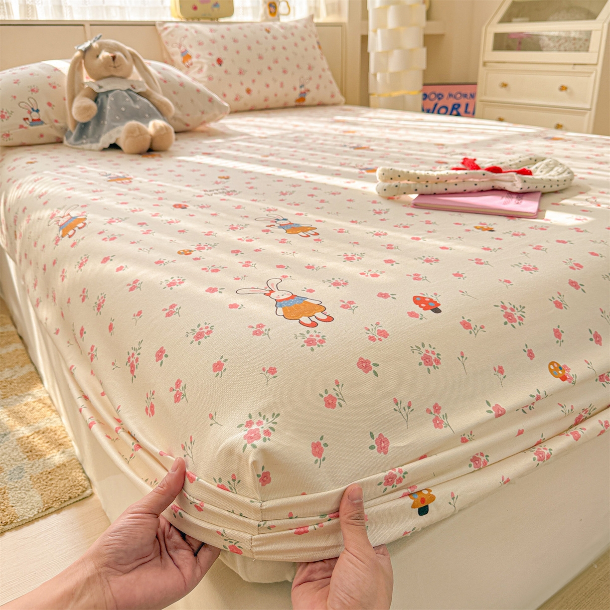 91家纺网 家纺一手货源 找家纺 名兮家居 2026春夏新款A类全棉纯棉老粗布床笠 床笠单件 花漾小兔