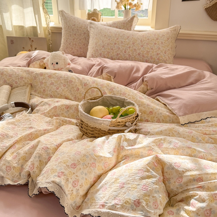 91家纺网 家纺一手货源 找家纺 梦忧草 2026新款春夏新款法式花边小清新四件套仿棉云感纱三件套单被套单件 剪秋