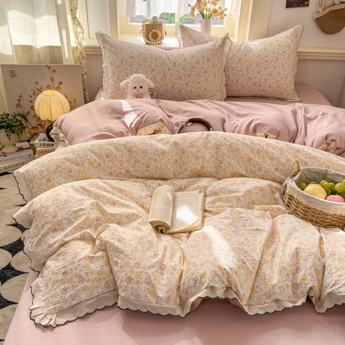 91家纺网 家纺一手货源 找家纺 梦忧草 2026新款春夏新款法式花边小清新四件套仿棉云感纱三件套单被套单件 剪秋