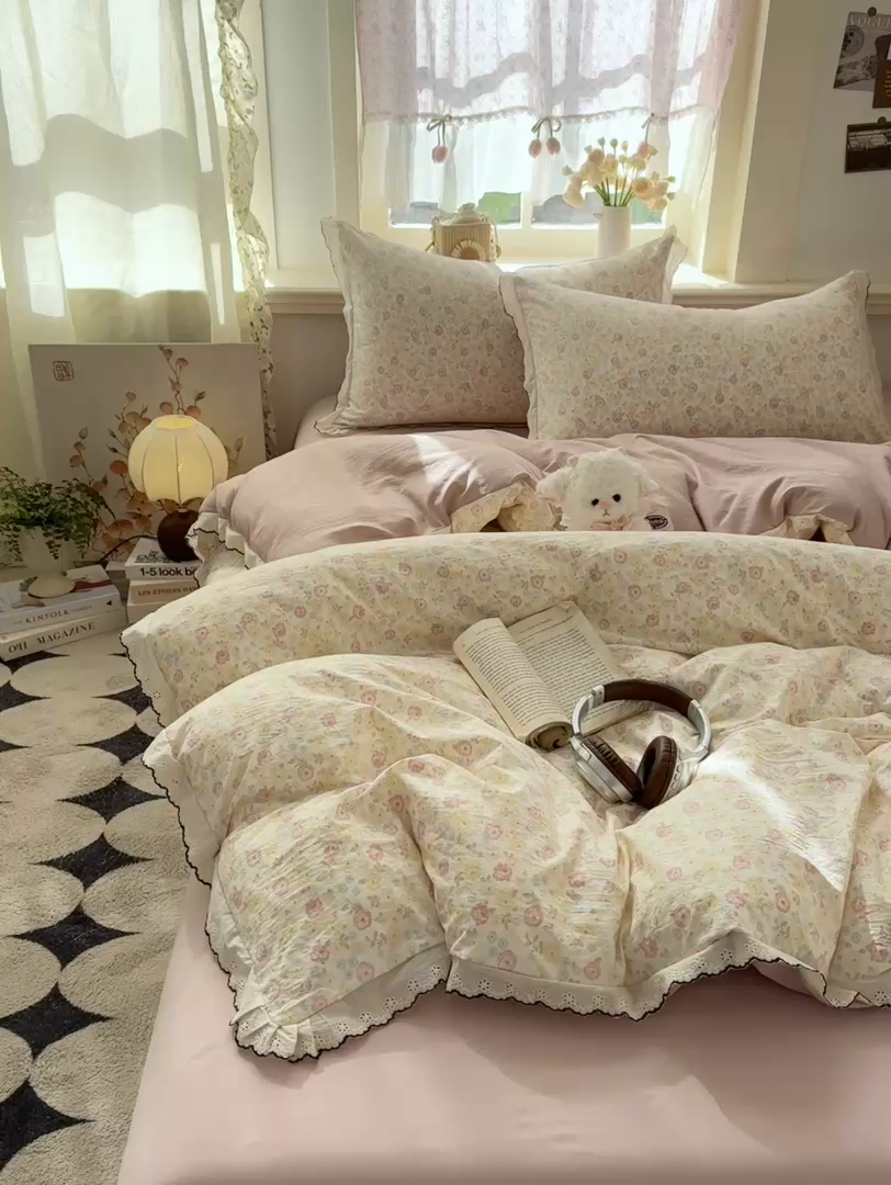 91家纺网 家纺一手货源 找家纺 梦忧草 2026新款春夏新款法式花边小清新四件套仿棉云感纱三件套单被套单件 剪秋