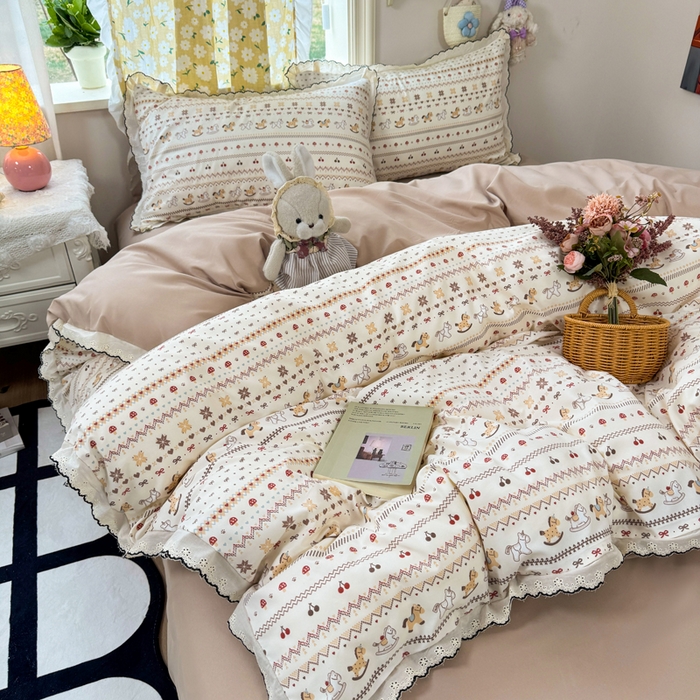 91家纺网 家纺一手货源 找家纺 梦忧草 2026新款春夏新款法式花边小清新四件套仿棉云感纱三件套单被套单件 乐町小马