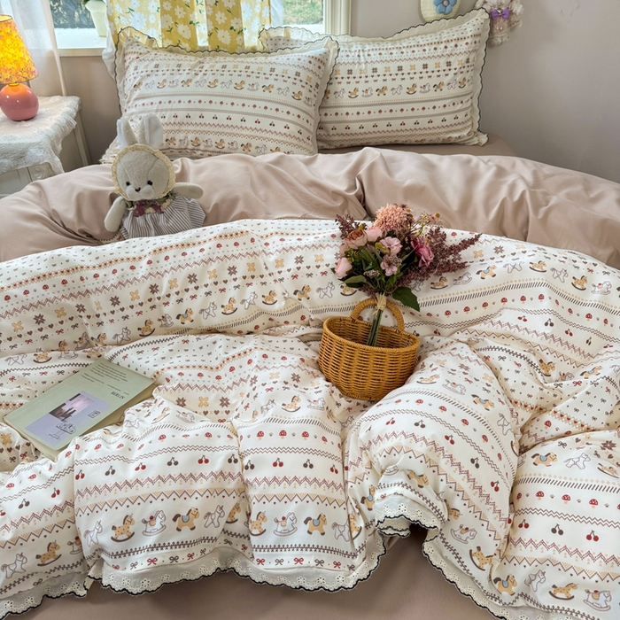 91家纺网 家纺一手货源 找家纺 梦忧草 2026新款春夏新款法式花边小清新四件套仿棉云感纱三件套单被套单件 乐町小马