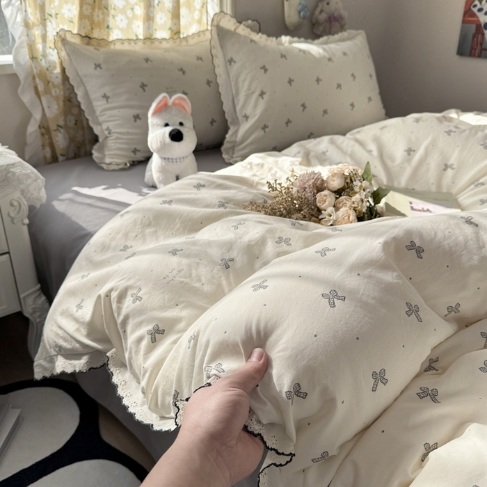 91家纺网 家纺一手货源 找家纺 梦忧草 2026新款春夏新款法式花边小清新四件套仿棉云感纱三件套单被套单件 梦幻灰