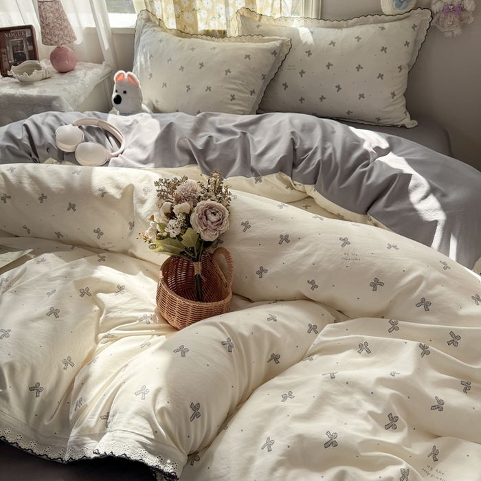 91家纺网 家纺一手货源 找家纺 梦忧草 2026新款春夏新款法式花边小清新四件套仿棉云感纱三件套单被套单件 梦幻灰