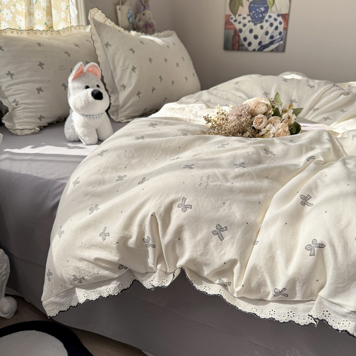 91家纺网 家纺一手货源 找家纺 梦忧草 2026新款春夏新款法式花边小清新四件套仿棉云感纱三件套单被套单件 梦幻灰