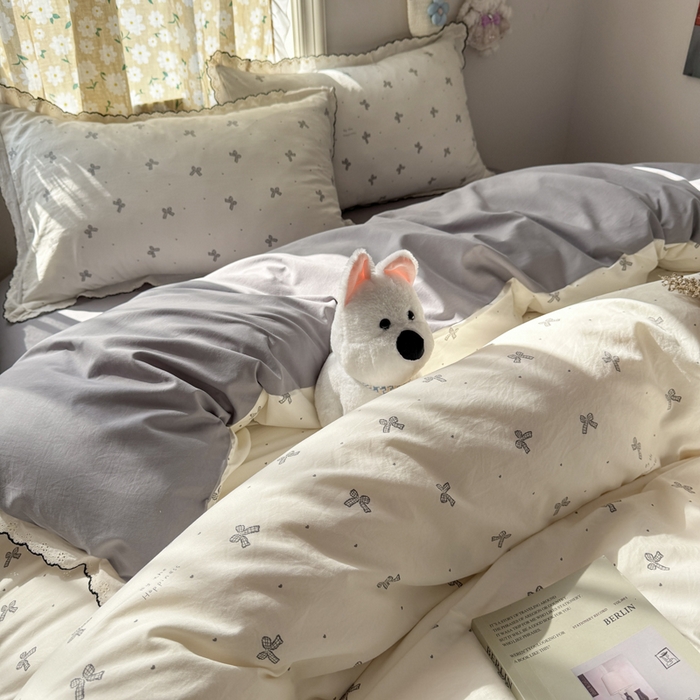 91家纺网 家纺一手货源 找家纺 梦忧草 2026新款春夏新款法式花边小清新四件套仿棉云感纱三件套单被套单件 梦幻灰