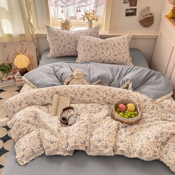 梦忧草 2026新款春夏新款法式花边小清新四件套仿棉云感纱三件套单被套单件 青花瓷