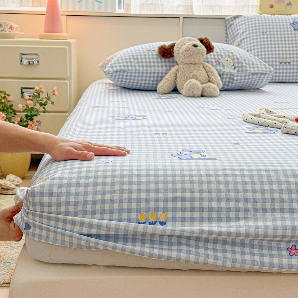 名兮家居 2026春夏新款A类全棉纯棉老粗布床笠 床笠单件 蓝格龙宝