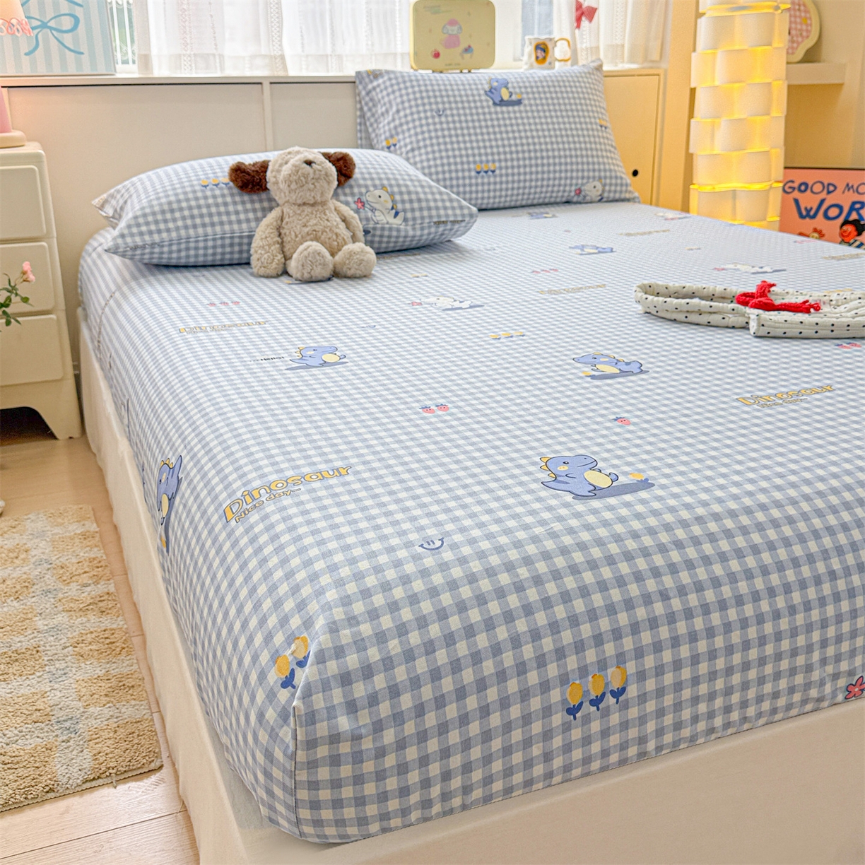 91家纺网 家纺一手货源 找家纺 名兮家居 2026春夏新款A类全棉纯棉老粗布床笠 床笠单件 蓝格龙宝