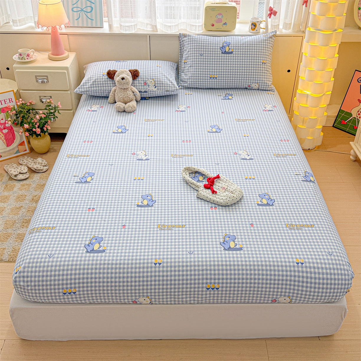 91家纺网 家纺一手货源 找家纺 名兮家居 2026春夏新款A类全棉纯棉老粗布床笠 床笠单件 蓝格龙宝