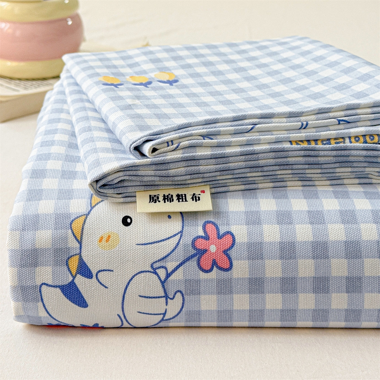 91家纺网 家纺一手货源 找家纺 名兮家居 2026春夏新款A类全棉纯棉老粗布床笠 床笠单件 蓝格龙宝