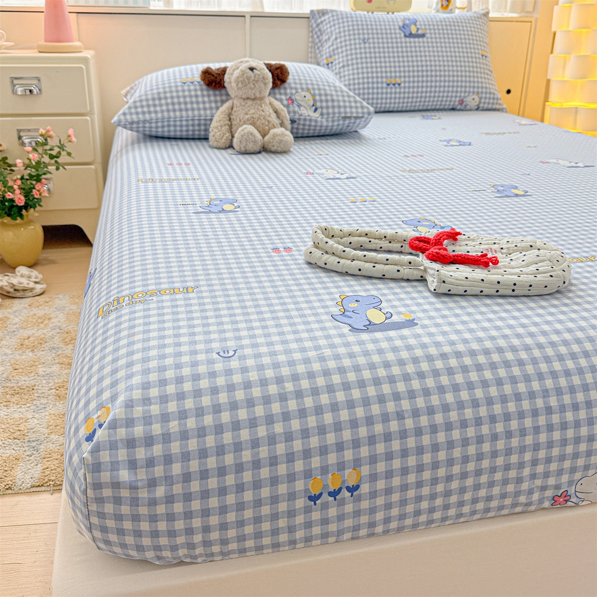 91家纺网 家纺一手货源 找家纺 名兮家居 2026春夏新款A类全棉纯棉老粗布床笠 床笠单件 蓝格龙宝