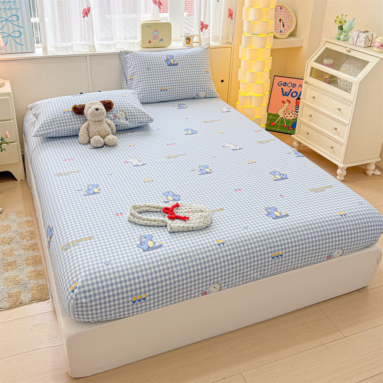 91家纺网 家纺一手货源 找家纺 名兮家居 2026春夏新款A类全棉纯棉老粗布床笠 床笠单件 蓝格龙宝