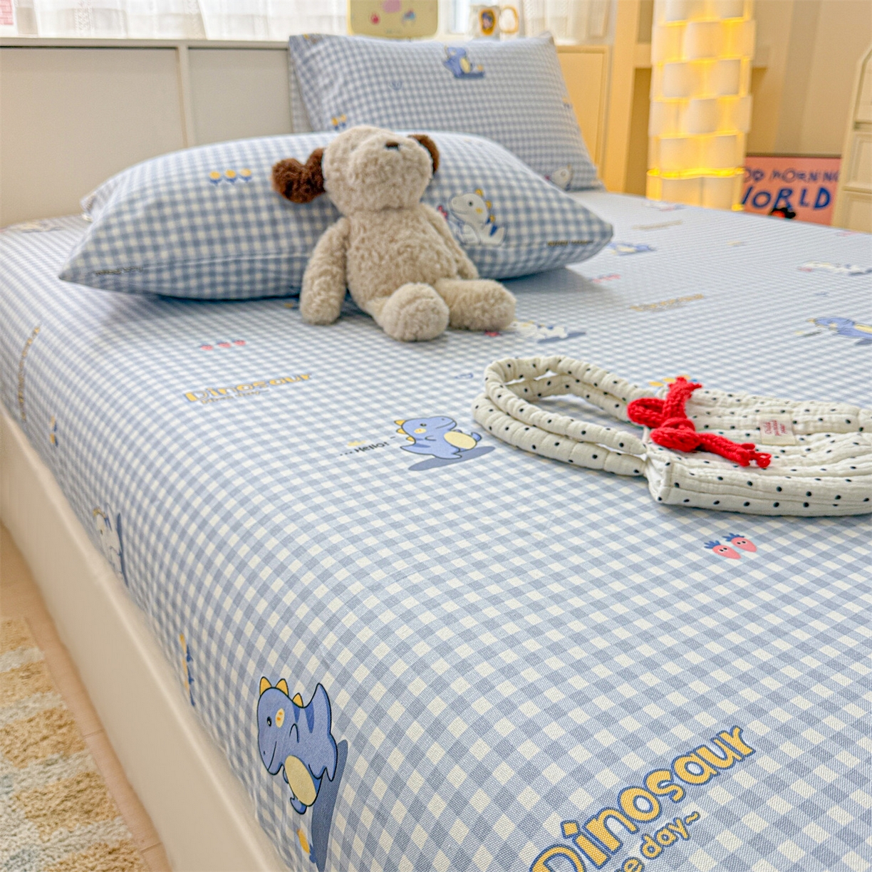 91家纺网 家纺一手货源 找家纺 名兮家居 2026春夏新款A类全棉纯棉老粗布床笠 床笠单件 蓝格龙宝