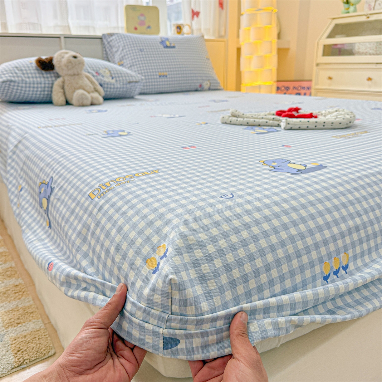 91家纺网 家纺一手货源 找家纺 名兮家居 2026春夏新款A类全棉纯棉老粗布床笠 床笠单件 蓝格龙宝