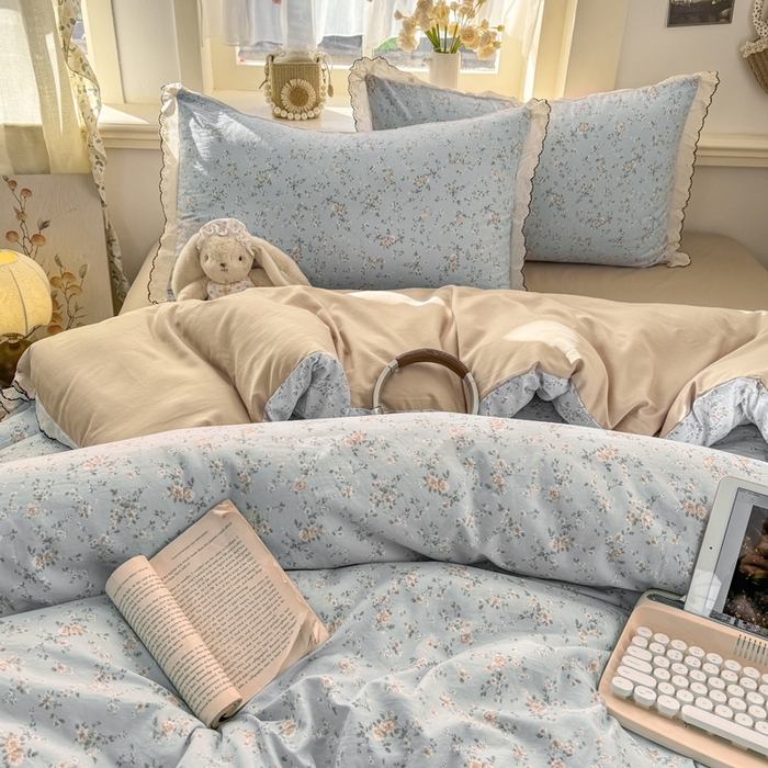 91家纺网 家纺一手货源 找家纺 梦忧草 2026新款春夏新款法式花边小清新四件套仿棉云感纱三件套单被套单件 赛琳娜