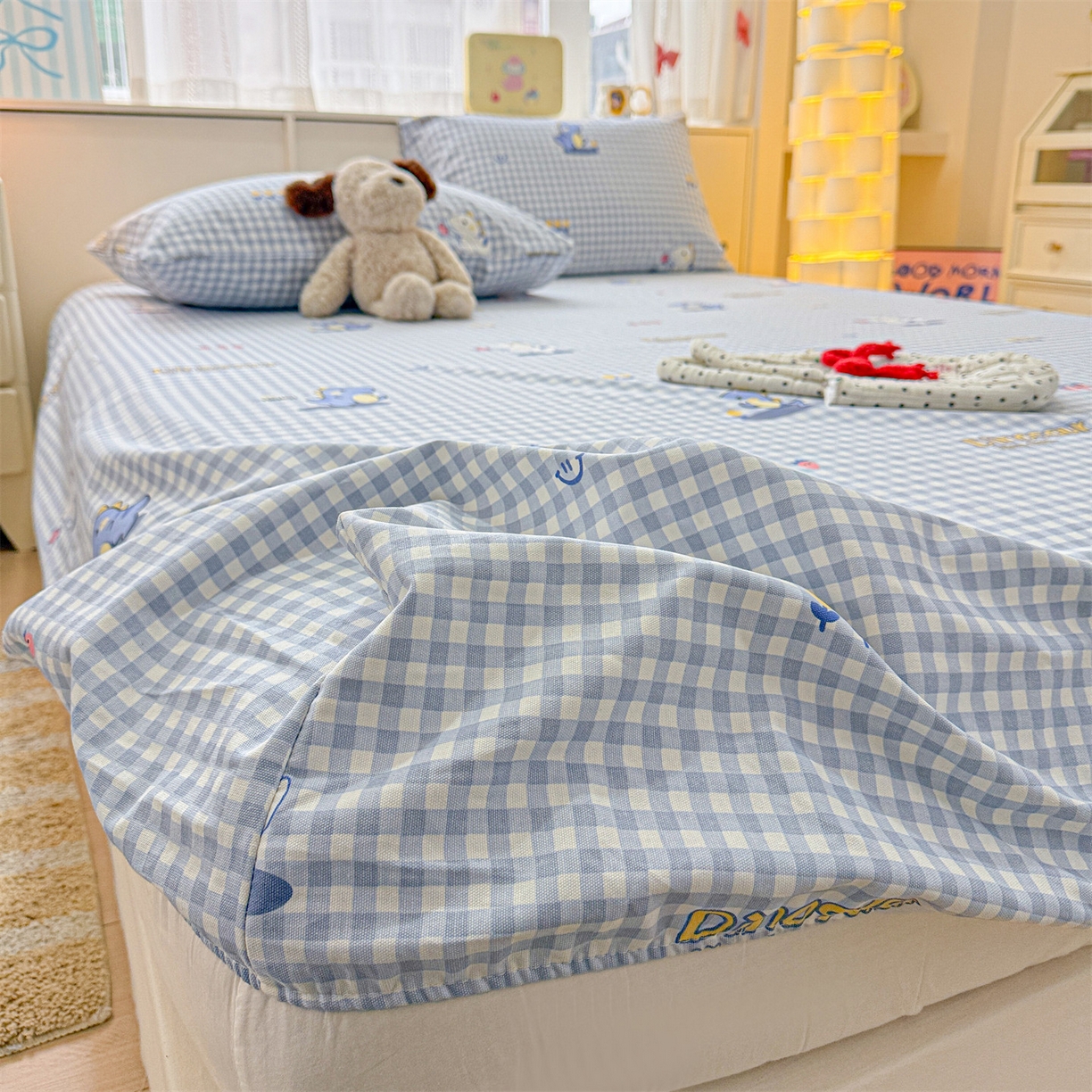 91家纺网 家纺一手货源 找家纺 名兮家居 2026春夏新款A类全棉纯棉老粗布床笠 床笠单件 蓝格龙宝