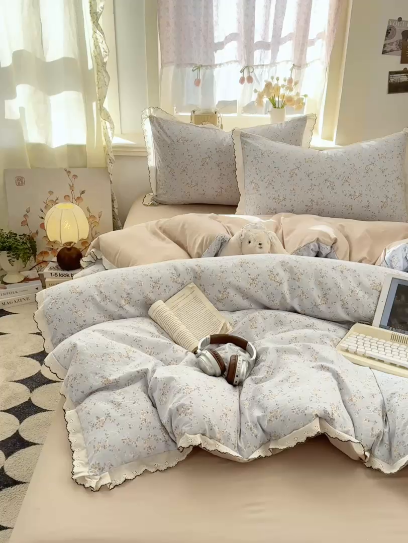 91家纺网 家纺一手货源 找家纺 梦忧草 2026新款春夏新款法式花边小清新四件套仿棉云感纱三件套单被套单件 赛琳娜