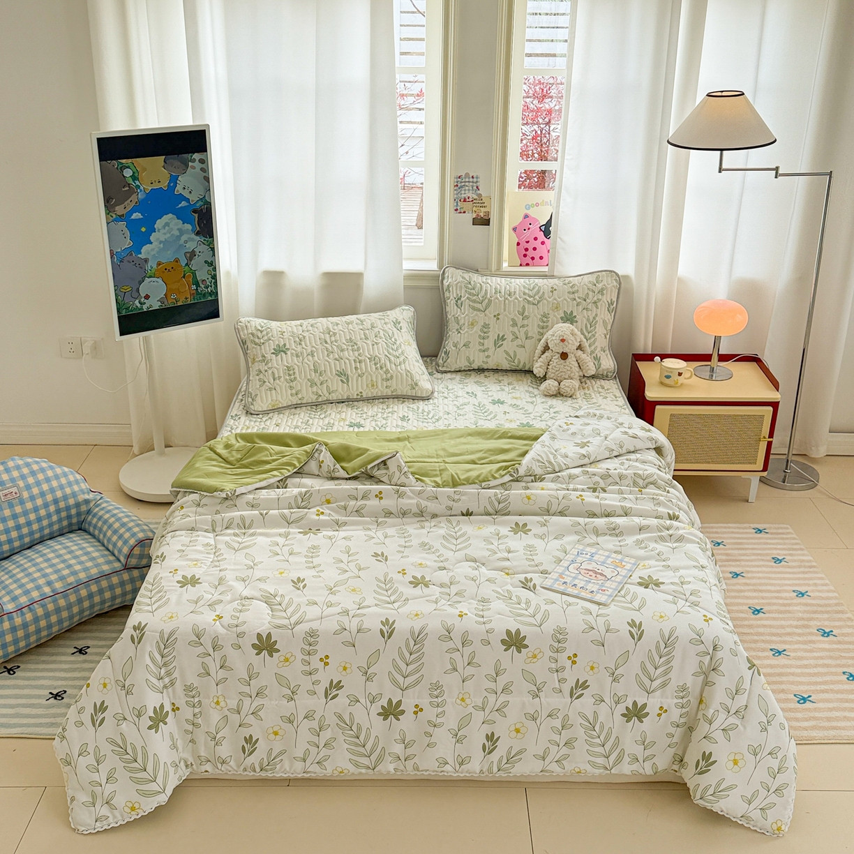 91家纺网 家纺一手货源 找家纺 慕尚家纺 2026新款乳胶凉席夏被空调被夏凉被套装组合 风信子