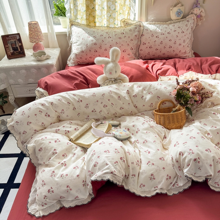 91家纺网 家纺一手货源 找家纺 梦忧草 2026新款春夏新款法式花边小清新四件套仿棉云感纱三件套单被套单件 疏影