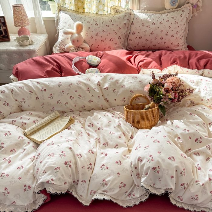 91家纺网 家纺一手货源 找家纺 梦忧草 2026新款春夏新款法式花边小清新四件套仿棉云感纱三件套单被套单件 疏影