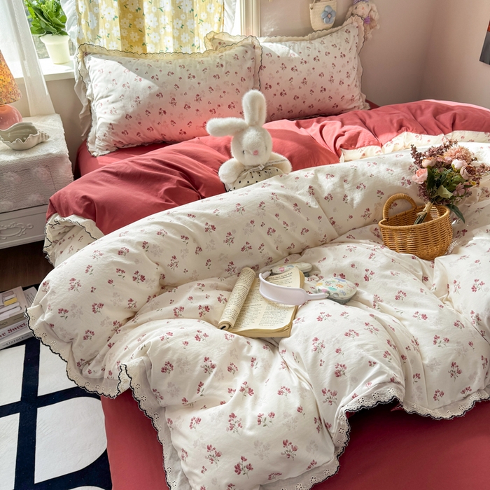 91家纺网 家纺一手货源 找家纺 梦忧草 2026新款春夏新款法式花边小清新四件套仿棉云感纱三件套单被套单件 疏影