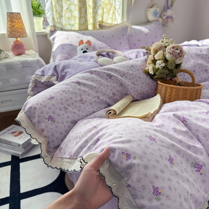 91家纺网 家纺一手货源 找家纺 梦忧草 2026新款春夏新款法式花边小清新四件套仿棉云感纱三件套单被套单件 水晶葡萄