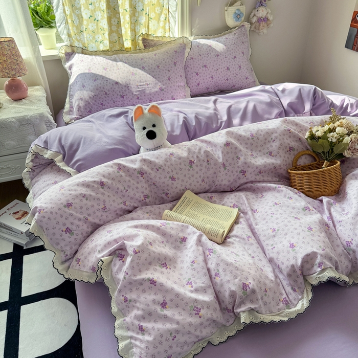 91家纺网 家纺一手货源 找家纺 梦忧草 2026新款春夏新款法式花边小清新四件套仿棉云感纱三件套单被套单件 水晶葡萄