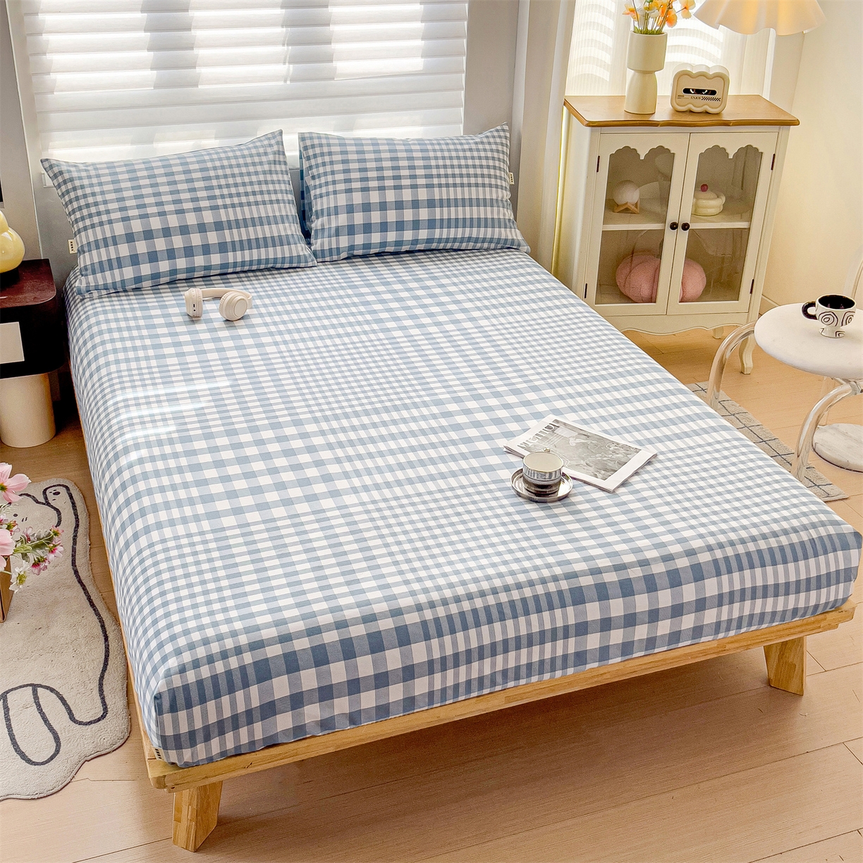 91家纺网 家纺一手货源 找家纺 名兮家居 2026春夏新款A类全棉纯棉老粗布床笠 床笠单件 蓝小格