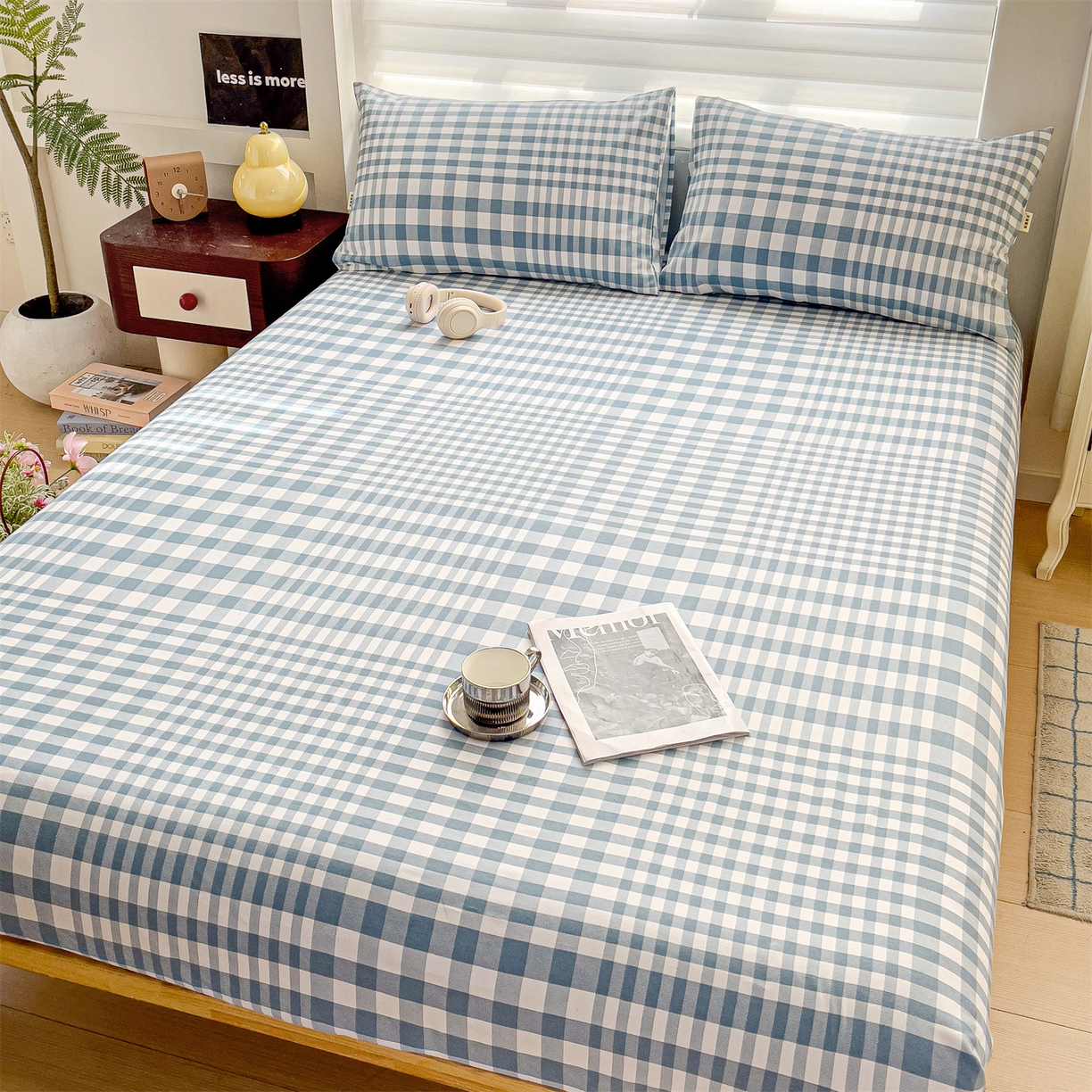 91家纺网 家纺一手货源 找家纺 名兮家居 2026春夏新款A类全棉纯棉老粗布床笠 床笠单件 蓝小格