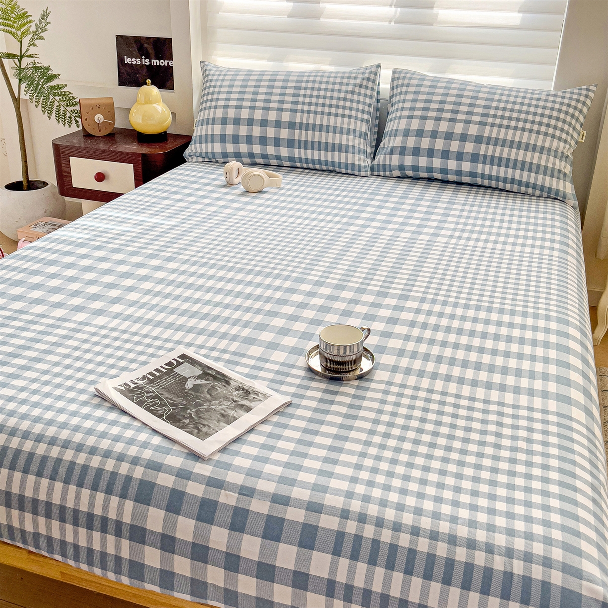 91家纺网 家纺一手货源 找家纺 名兮家居 2026春夏新款A类全棉纯棉老粗布床笠 床笠单件 蓝小格