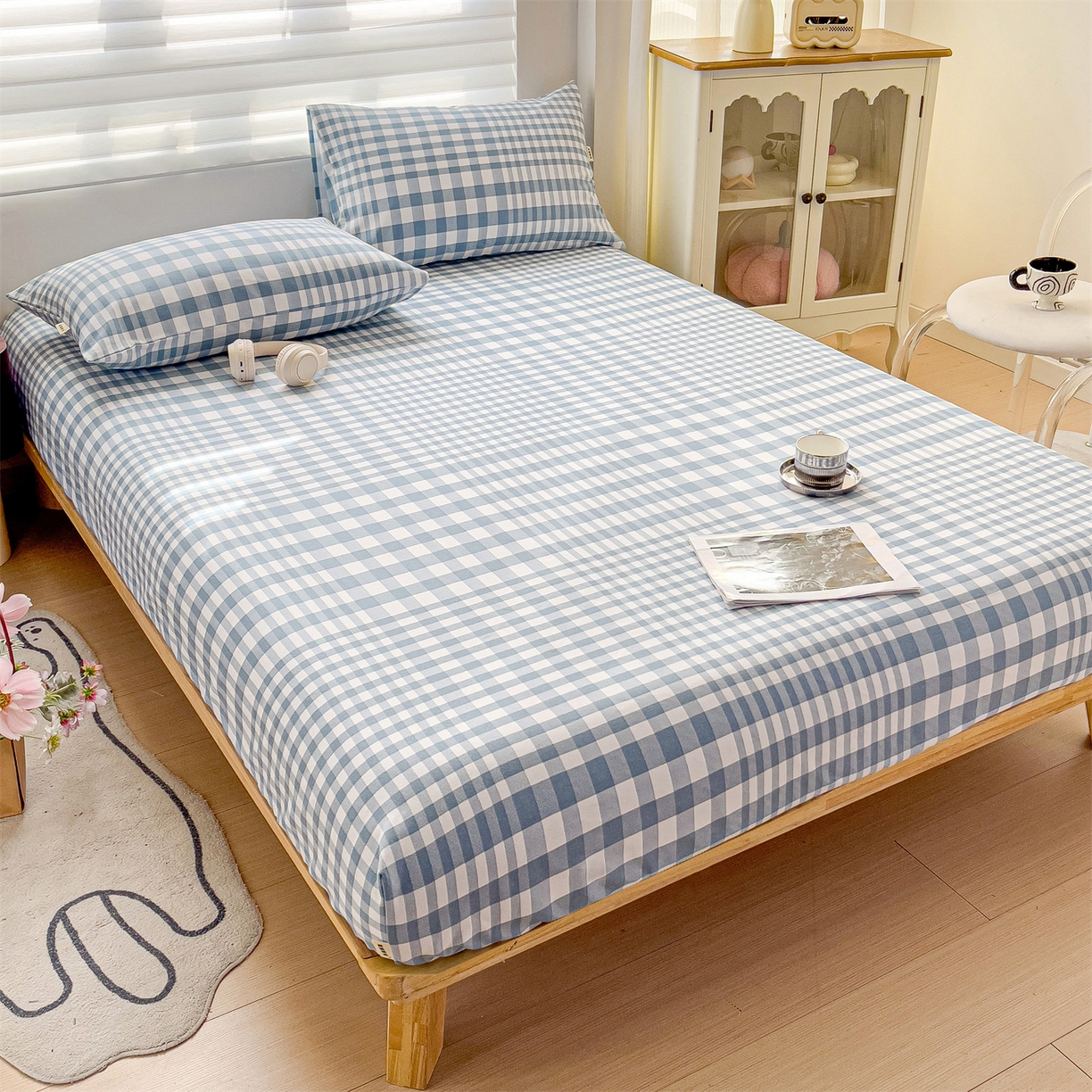 91家纺网 家纺一手货源 找家纺 名兮家居 2026春夏新款A类全棉纯棉老粗布床笠 床笠单件 蓝小格