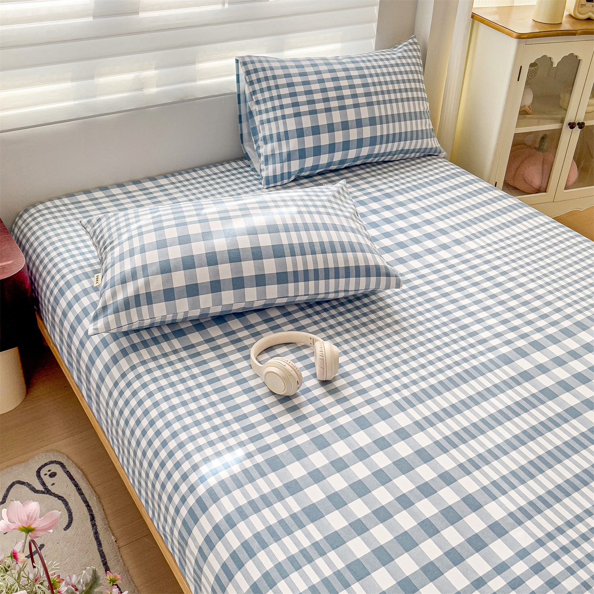 91家纺网 家纺一手货源 找家纺 名兮家居 2026春夏新款A类全棉纯棉老粗布床笠 床笠单件 蓝小格