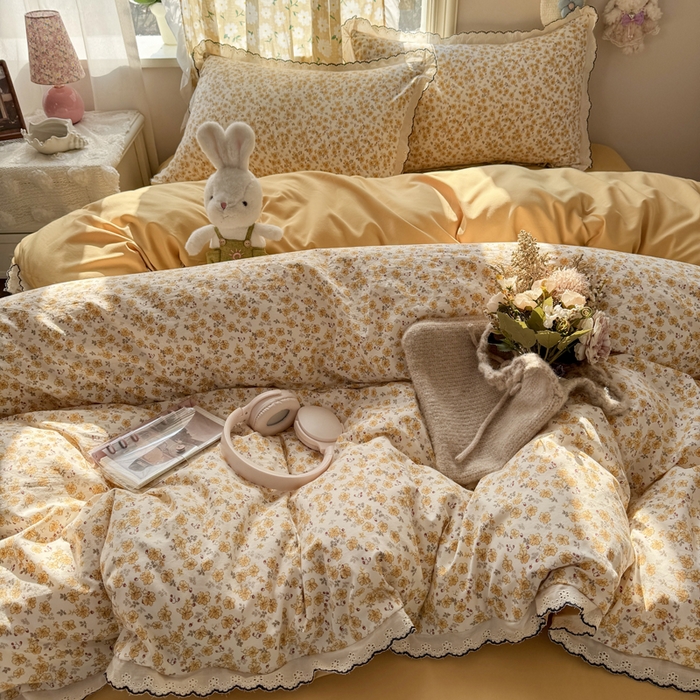 91家纺网 家纺一手货源 找家纺 梦忧草 2026新款春夏新款法式花边小清新四件套仿棉云感纱三件套单被套单件 小黄花