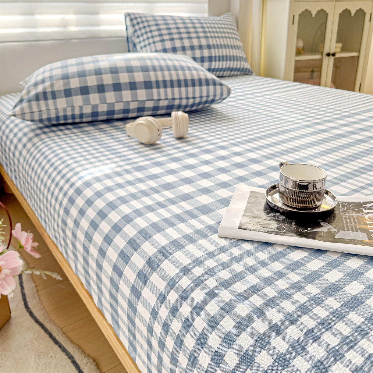 91家纺网 家纺一手货源 找家纺 名兮家居 2026春夏新款A类全棉纯棉老粗布床笠 床笠单件 蓝小格