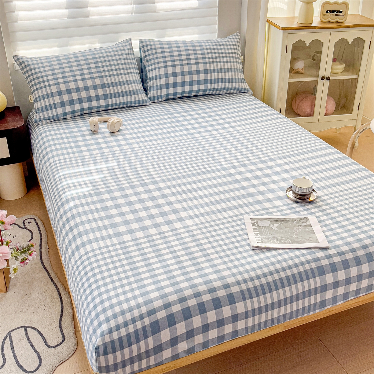 91家纺网 家纺一手货源 找家纺 名兮家居 2026春夏新款A类全棉纯棉老粗布床笠 床笠单件 蓝小格