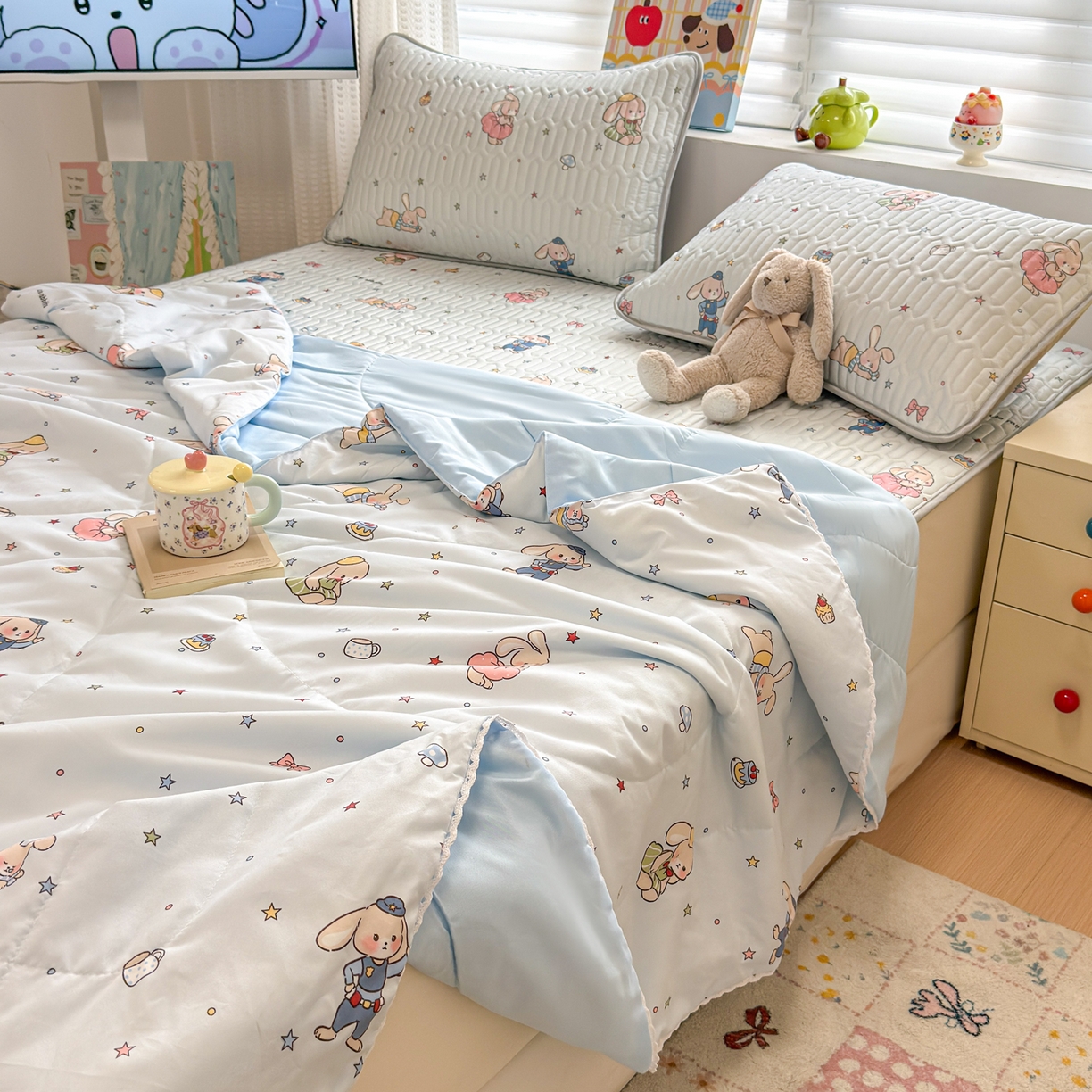 91家纺网 家纺一手货源 找家纺 慕尚家纺 2026新款乳胶凉席夏被空调被夏凉被套装组合 哈哈俱乐部