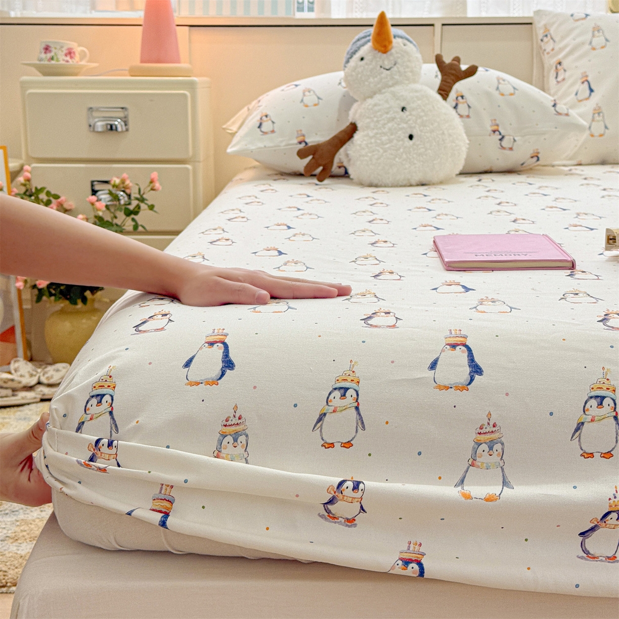 名兮家居 2026春夏新款A类全棉纯棉老粗布床笠 床笠单件 帽帽企鹅