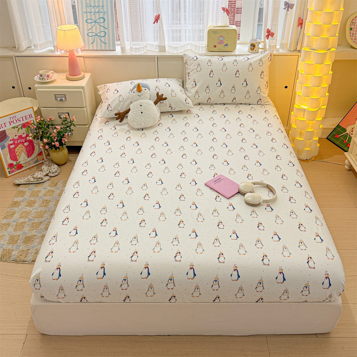 91家纺网 家纺一手货源 找家纺 名兮家居 2026春夏新款A类全棉纯棉老粗布床笠 床笠单件 帽帽企鹅